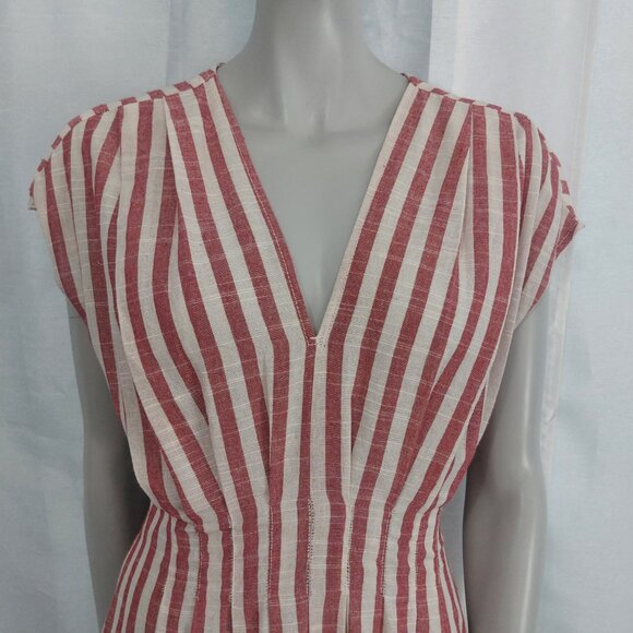 Max Studio Striped Midi Day Dress Small Red Cream Cottagecore V Neck Sash Tie - Picture 2 of 11